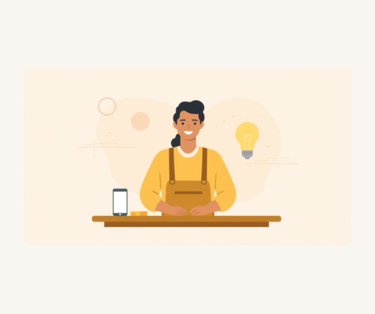 Illustration of a small business owner at a counter with a phone and a lightbulb representing AI assistance