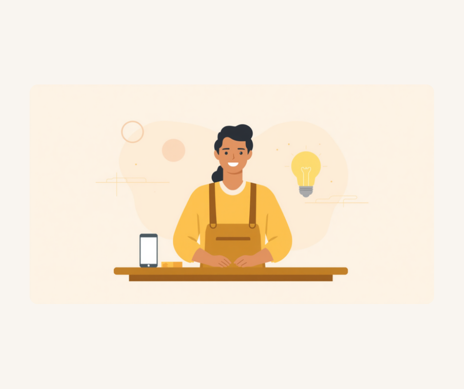 Illustration of a small business owner at a counter with a phone and a lightbulb representing AI assistance